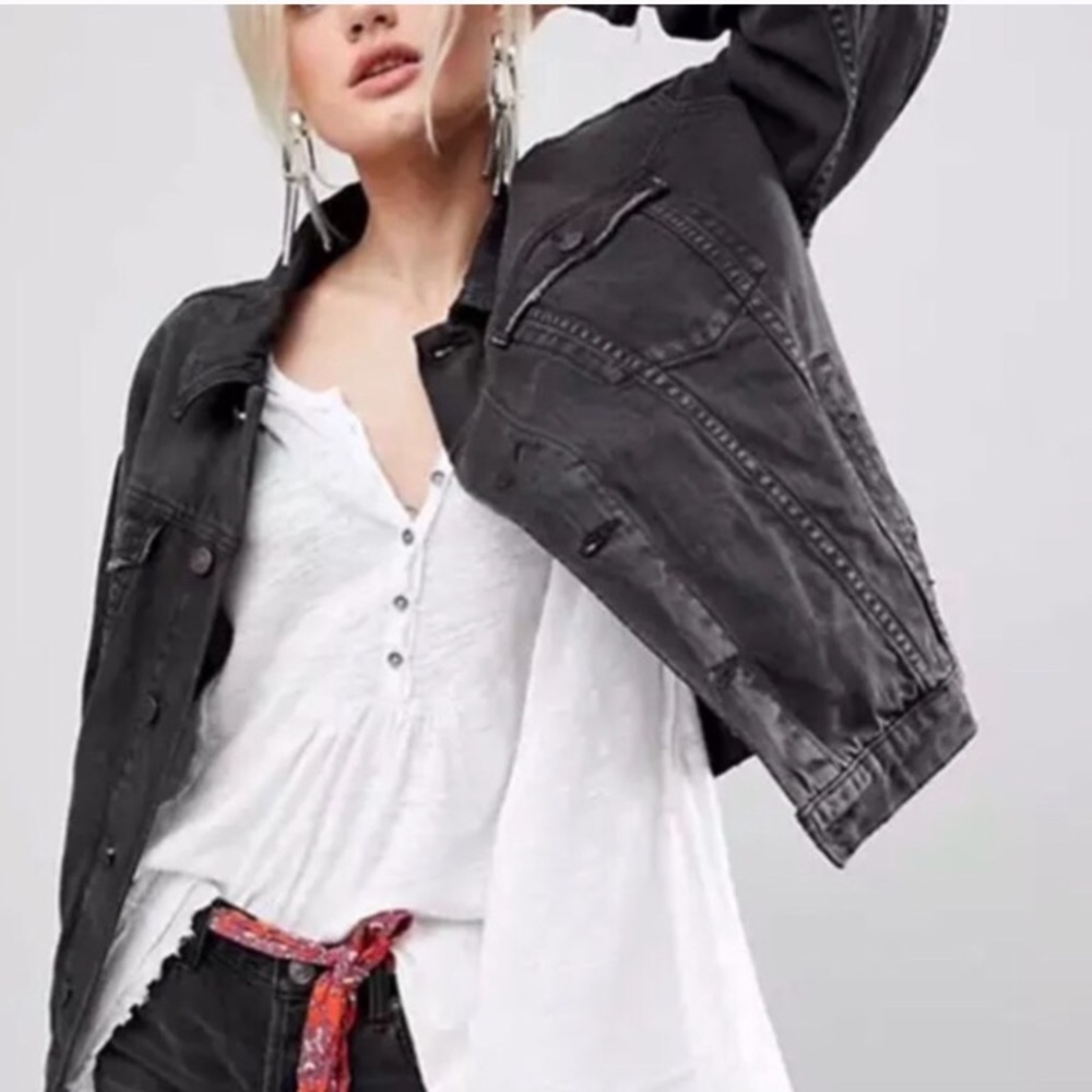 SOLD OUT . Boho Embroidered Floral Black Denim Jacket - Picture 3 of 8